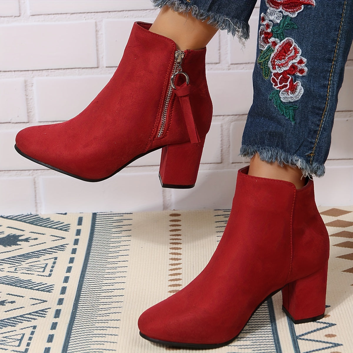 Chunky Heel Ankle Boots Solid Side Zipper High Heels Stylish Short Boots