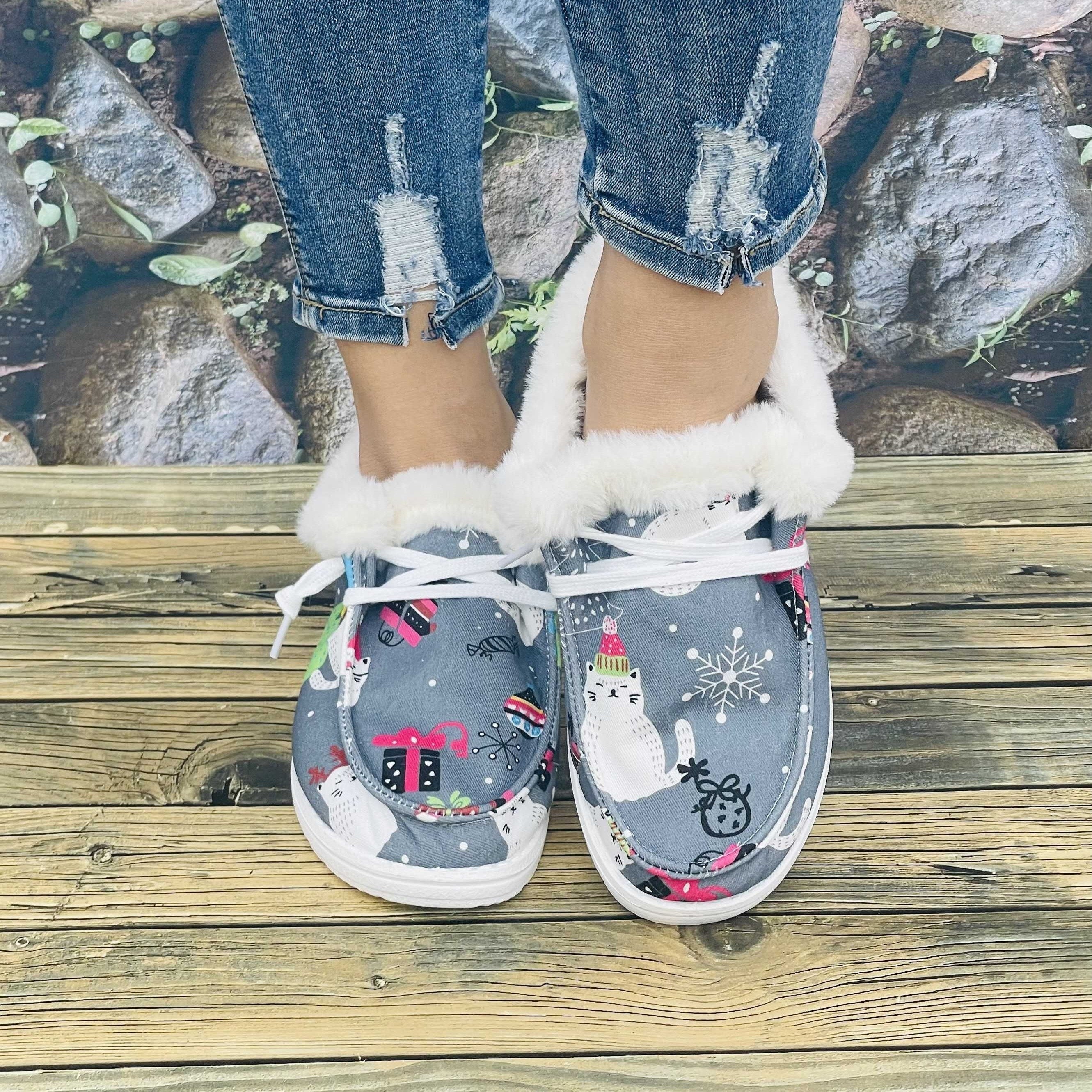 Christmas Women's Flat Cat Print Snow Boots Slip On