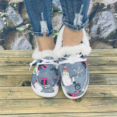 Christmas Women's Flat Cat Print Snow Boots Slip On