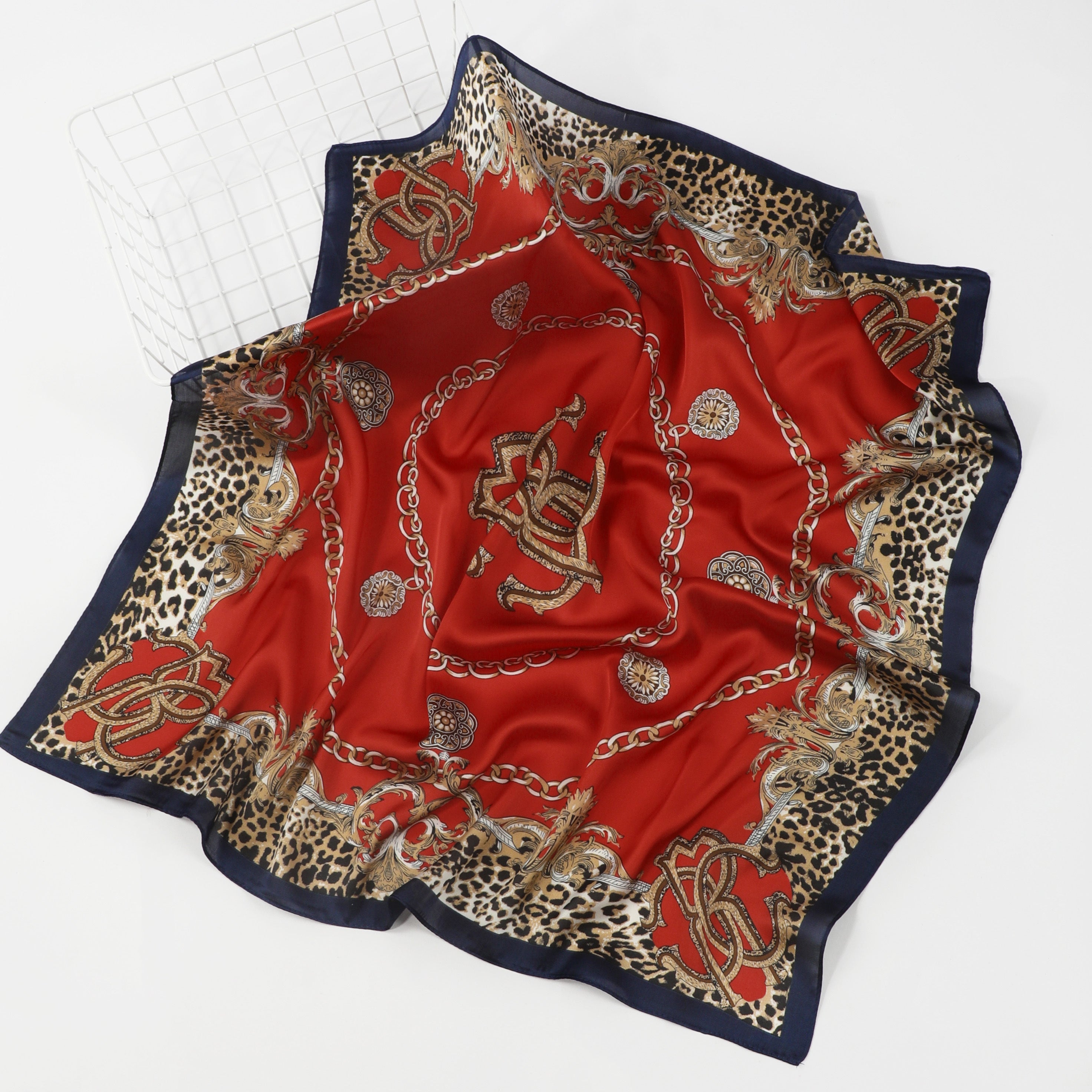 Leopard Edge Square Scarf Chain Printed Headscarf Silk Feeling