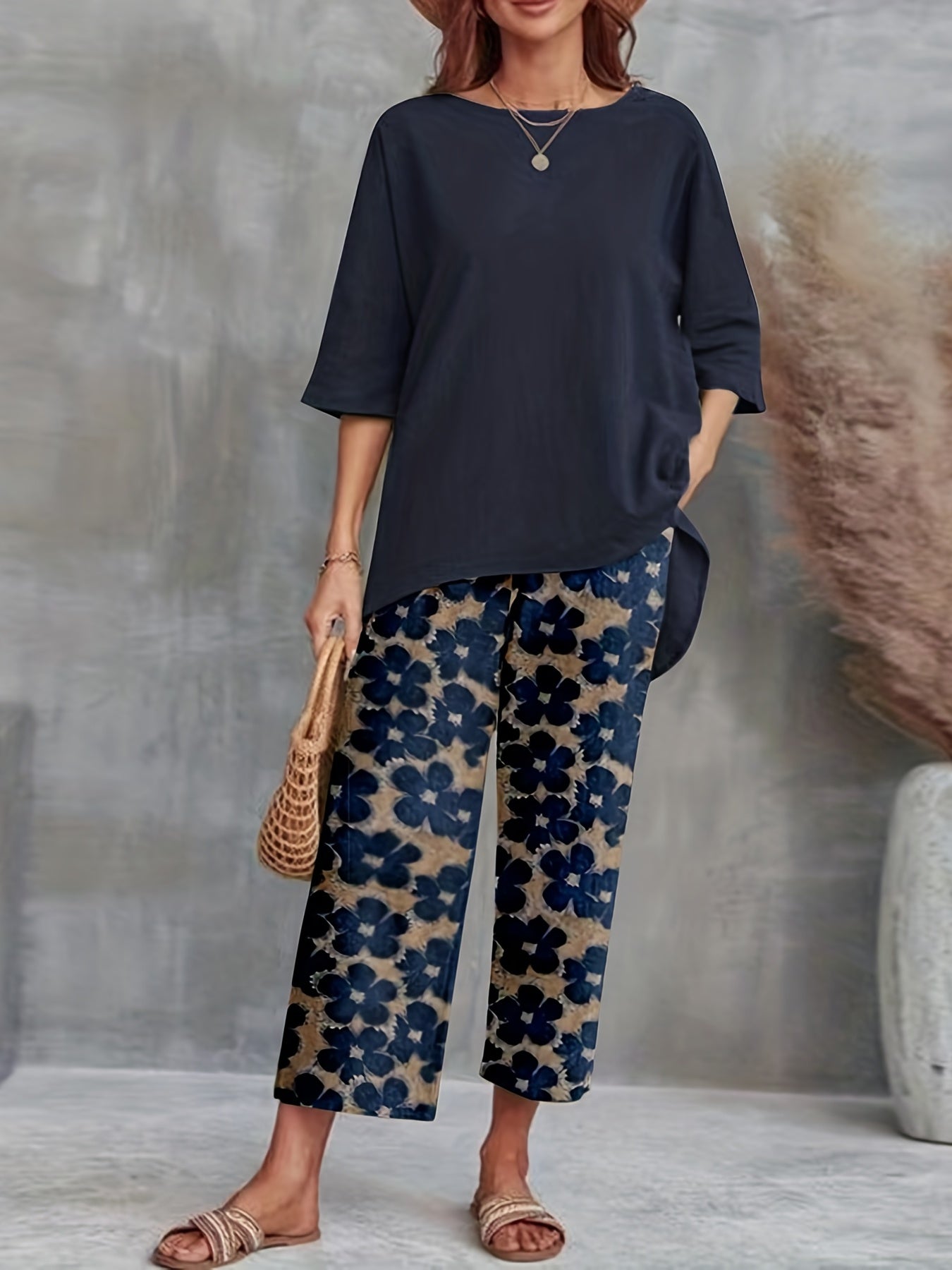 Casual 2pc Set Crew Neck T-shirt & Floral Wide Leg Pants