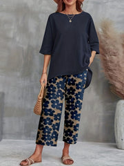 Casual 2pc Set Crew Neck T-shirt & Floral Wide Leg Pants