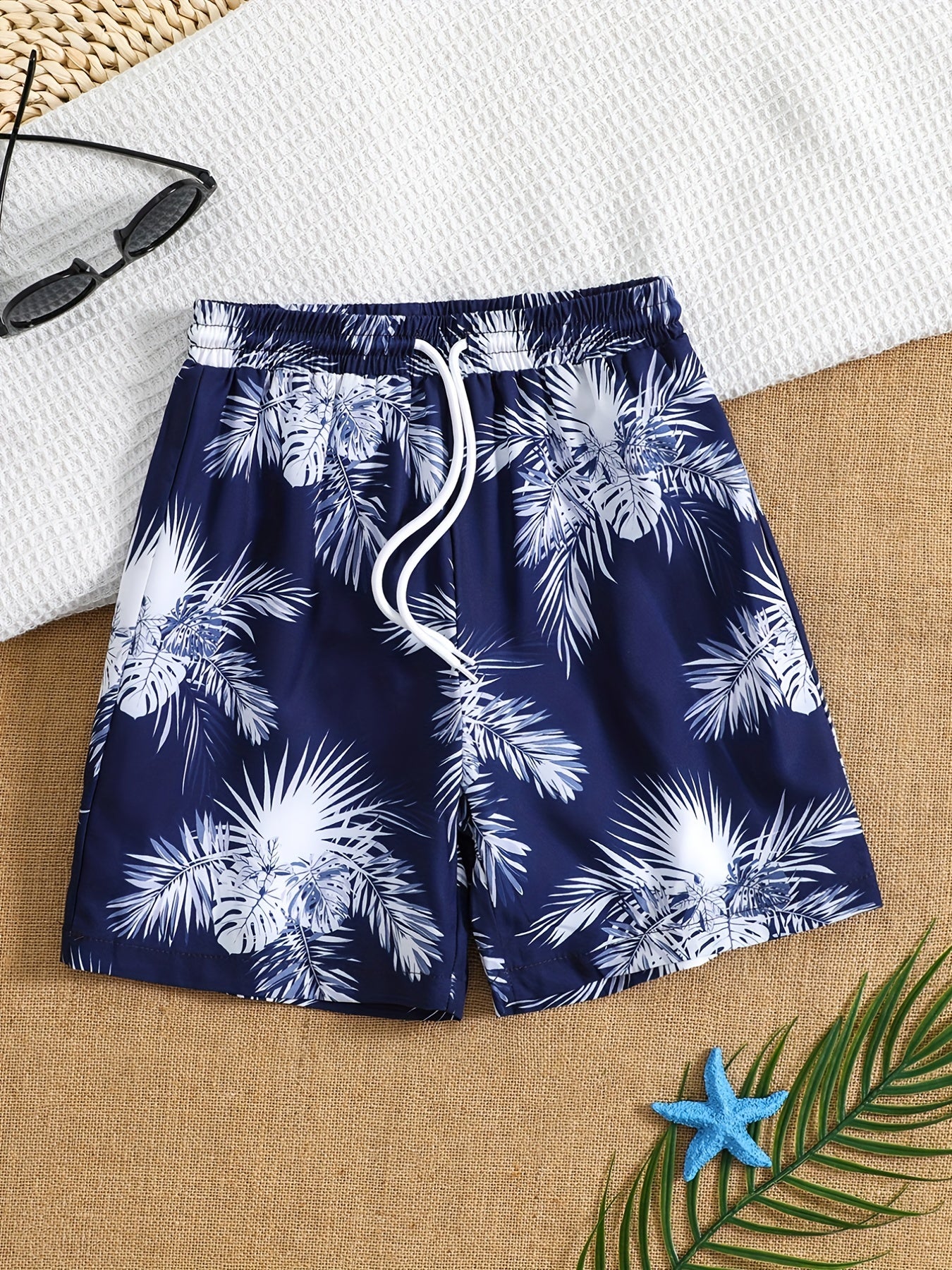 Boy's Plant Pattern Beach Shorts Drawstring Stretchy Casual Kids Clothes