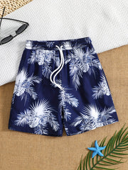 Boy's Plant Pattern Beach Shorts Drawstring Stretchy Casual Kids Clothes