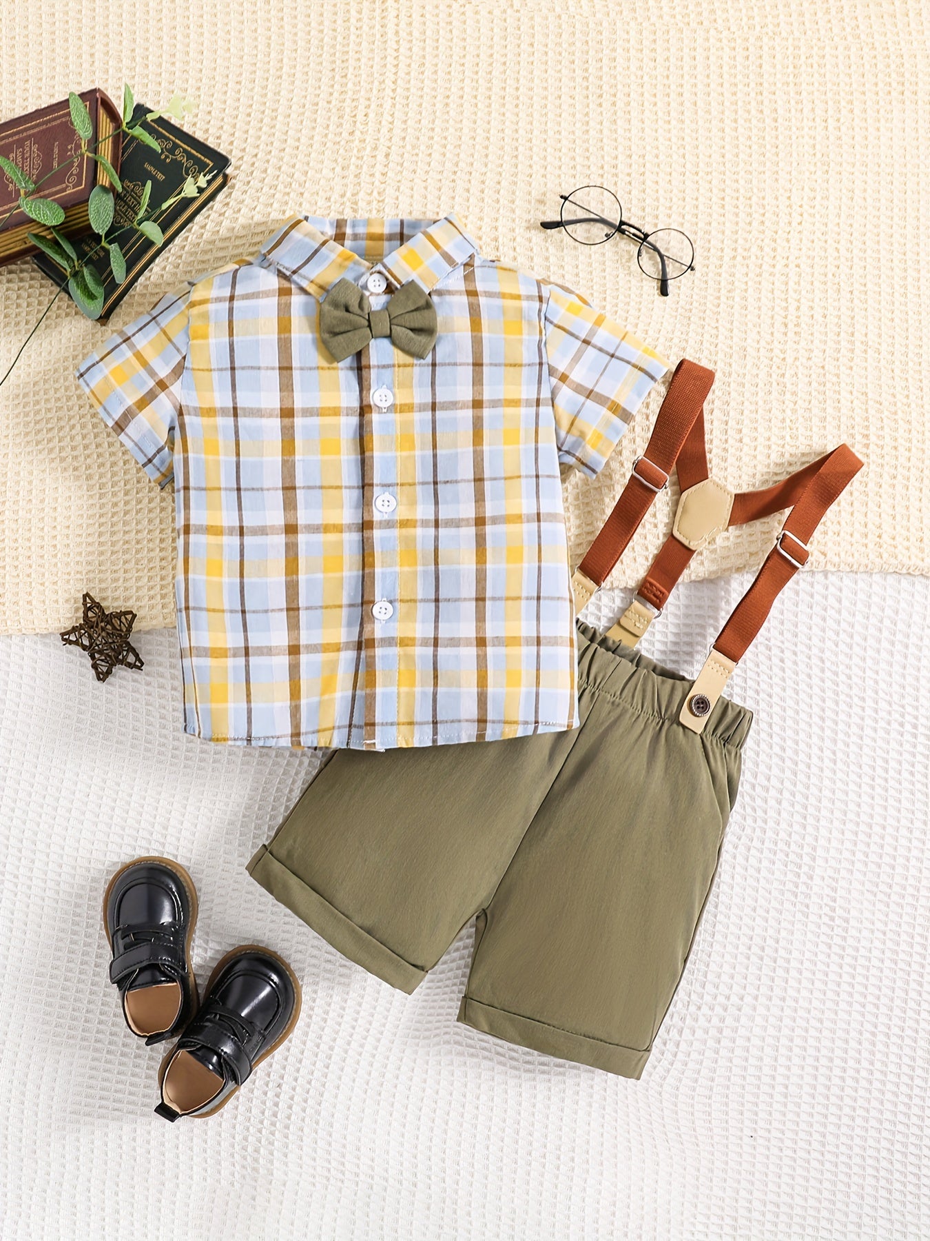 Baby Boy Gentleman 2pcs Set Plaid Shirt & Bib Pants Outfit