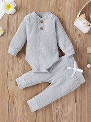 Ribbed Long Sleeve Pullover Creeper Tops Pants 2PCS Set