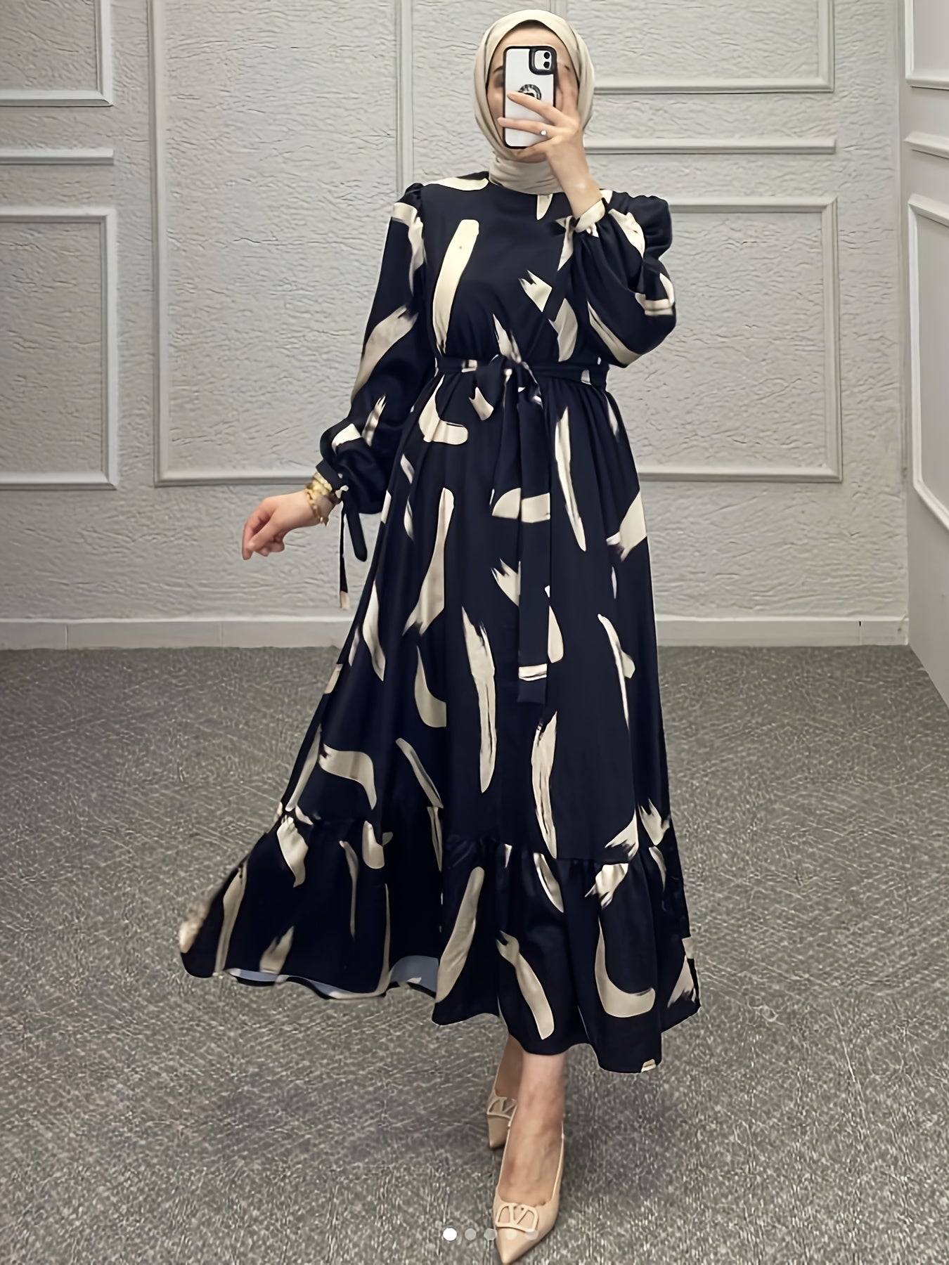 Kaftan Dress Women's Plus Brush Print Lantern Sleeve Ruffle Trim Maxi