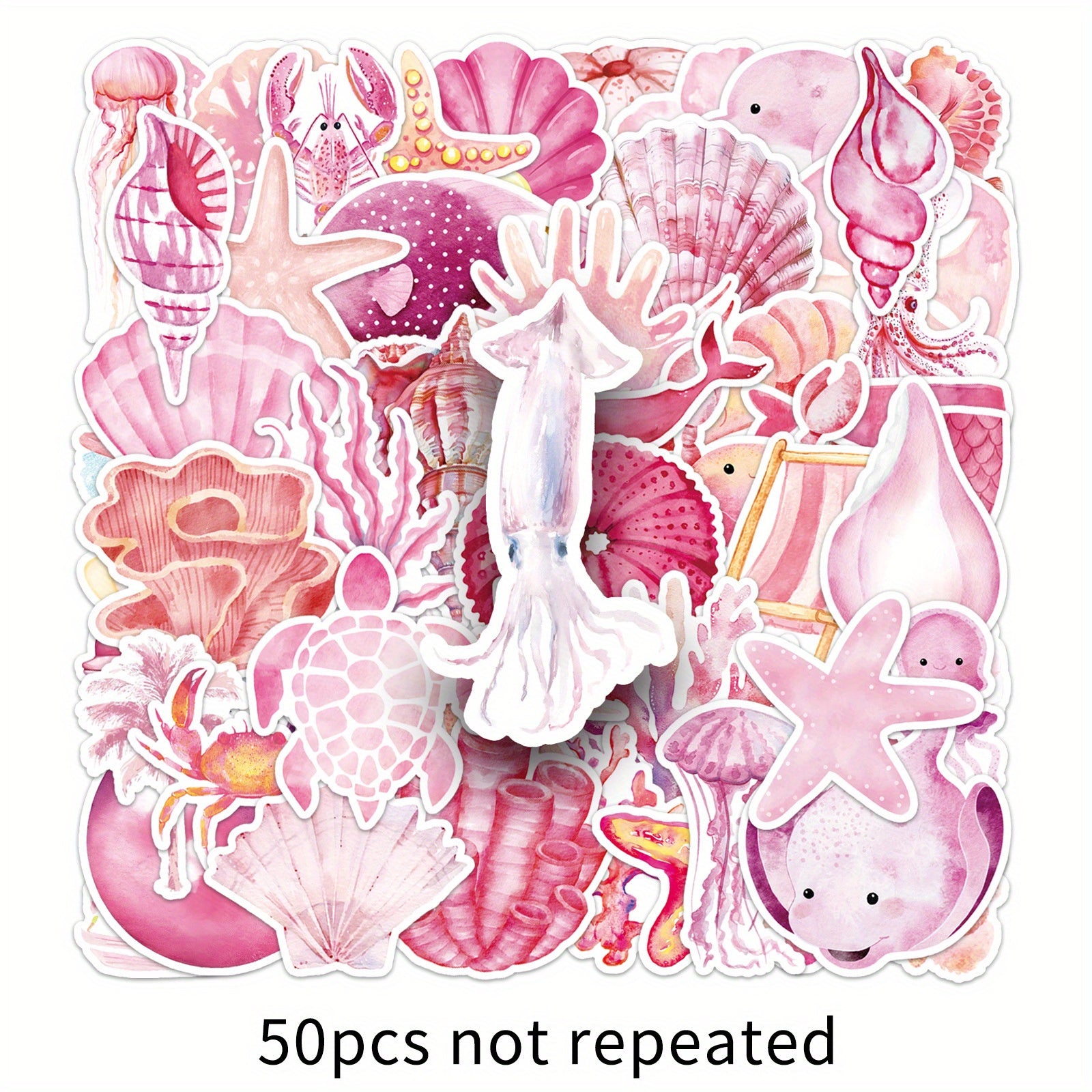Set of 50 Pink Ocean Themed Cartoon Stickers for Decorating, Self Adhesive