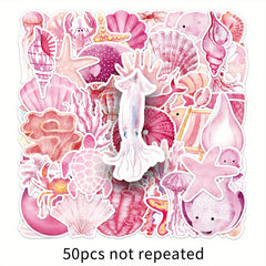 Set of 50 Pink Ocean Themed Cartoon Stickers for Decorating, Self Adhesive