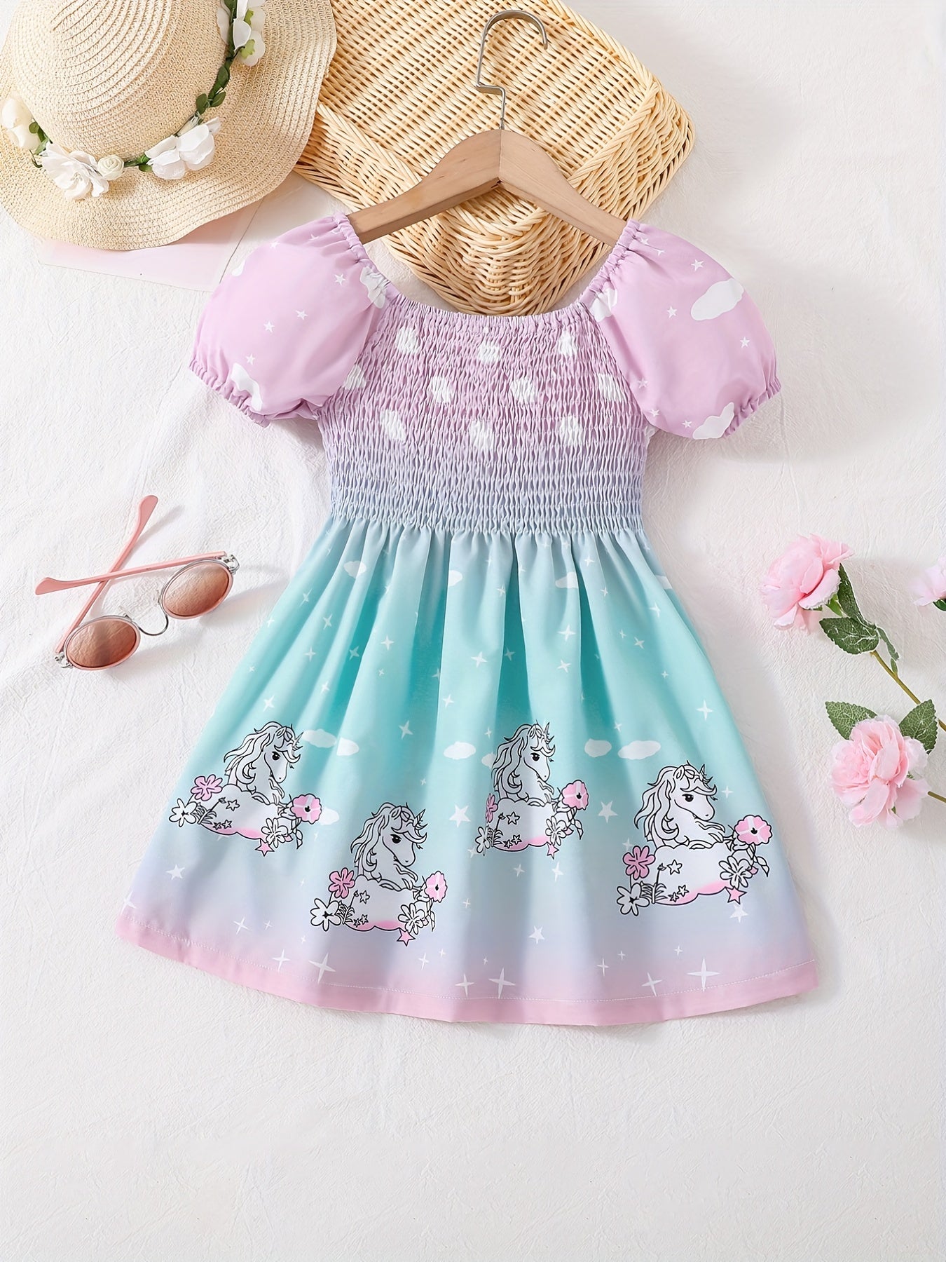 Girls Cartoon Unicorn Gradient Dress for Summer Holiday Party