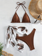 Feather Print Bikini Set Halter Neck Tie Back High Cut Cover Up Wrap Swimsuit