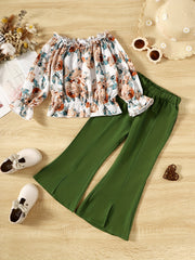 Toddler Girls Art Flowers Off The Shoulder Top and Pants Set