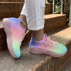 Women's Rainbow Sock Sneakers Knit Lace Up Low Top Running Shoes Lightweight
