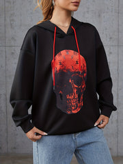 Skull Print Hoodie Long Sleeve Drawstring Hoodies Women's Clothing