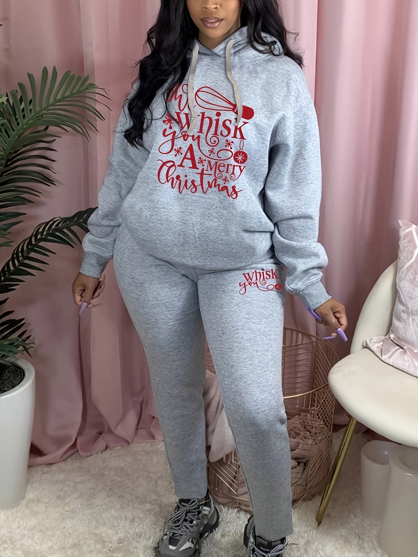 Christmas Outfits Set Women's Plus Slogan Print Hoodie & Sweatpants