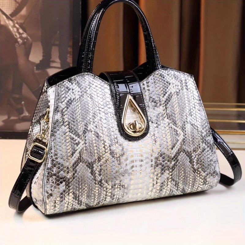 Women's Snake Pattern Tote Handbag Golden Tone Accents