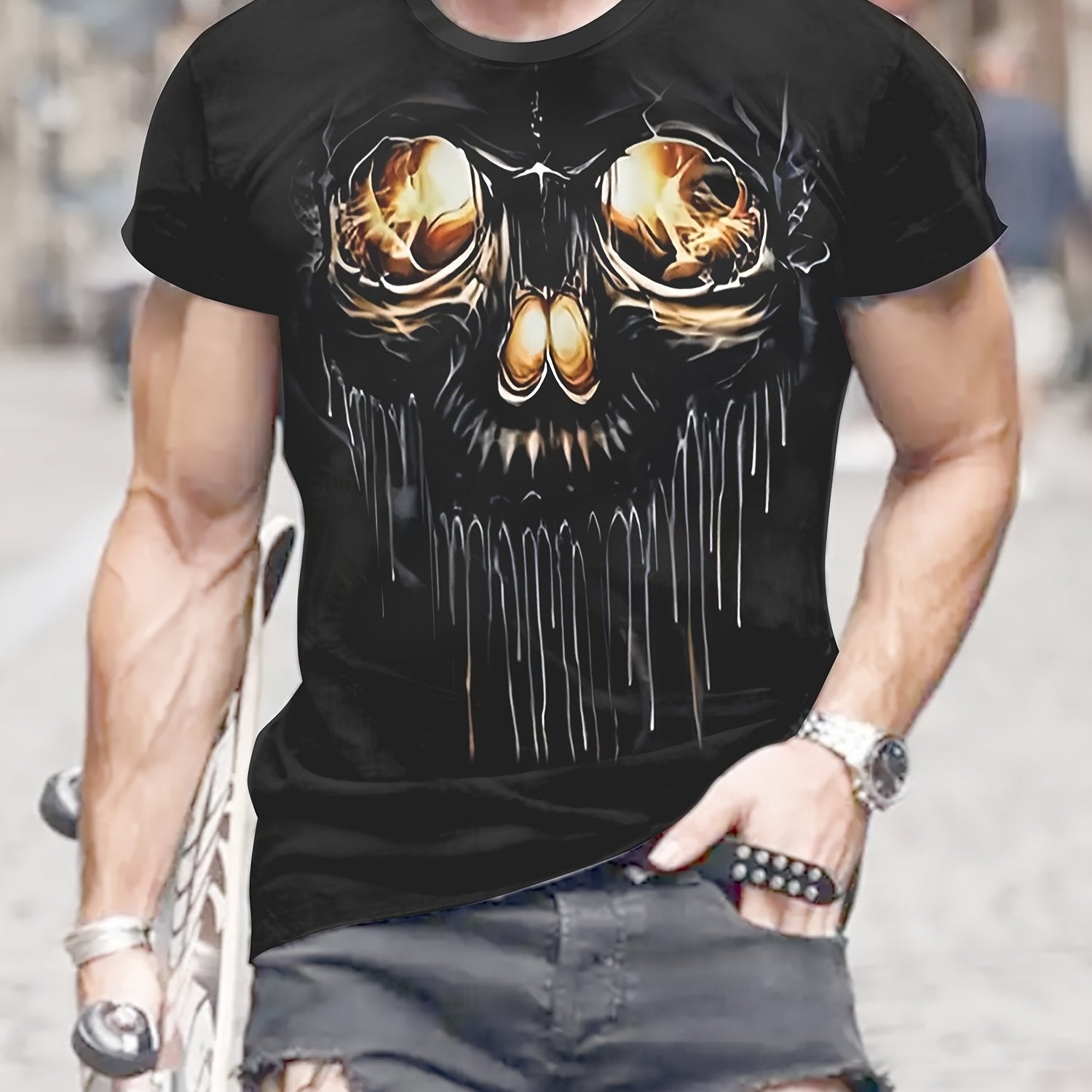 Skull 3d Pattern Print Men's Short Sleeve Comfy T-shirt Graphic Tee