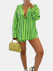 Striped Two piece Set Long Sleeve Shirt & Shorts