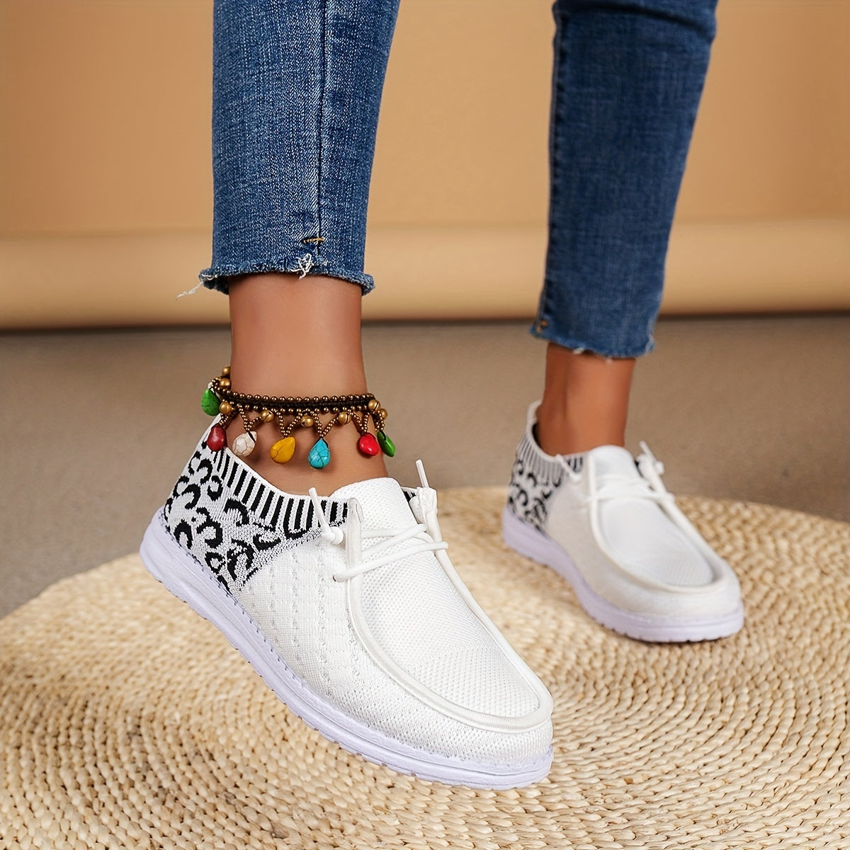 Women's Leopard Print Boat Shoes Flying Woven Flat Shoes