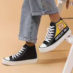 Chocolate Bear Print High Top Canvas Sneakers