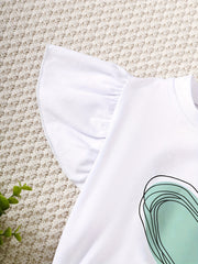 Girls Heart Print Ruffle Short Sleeve T shirt & Pants 2pcs Bow Belt