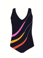 Stripe Print V Neck One Piece Swimsuit