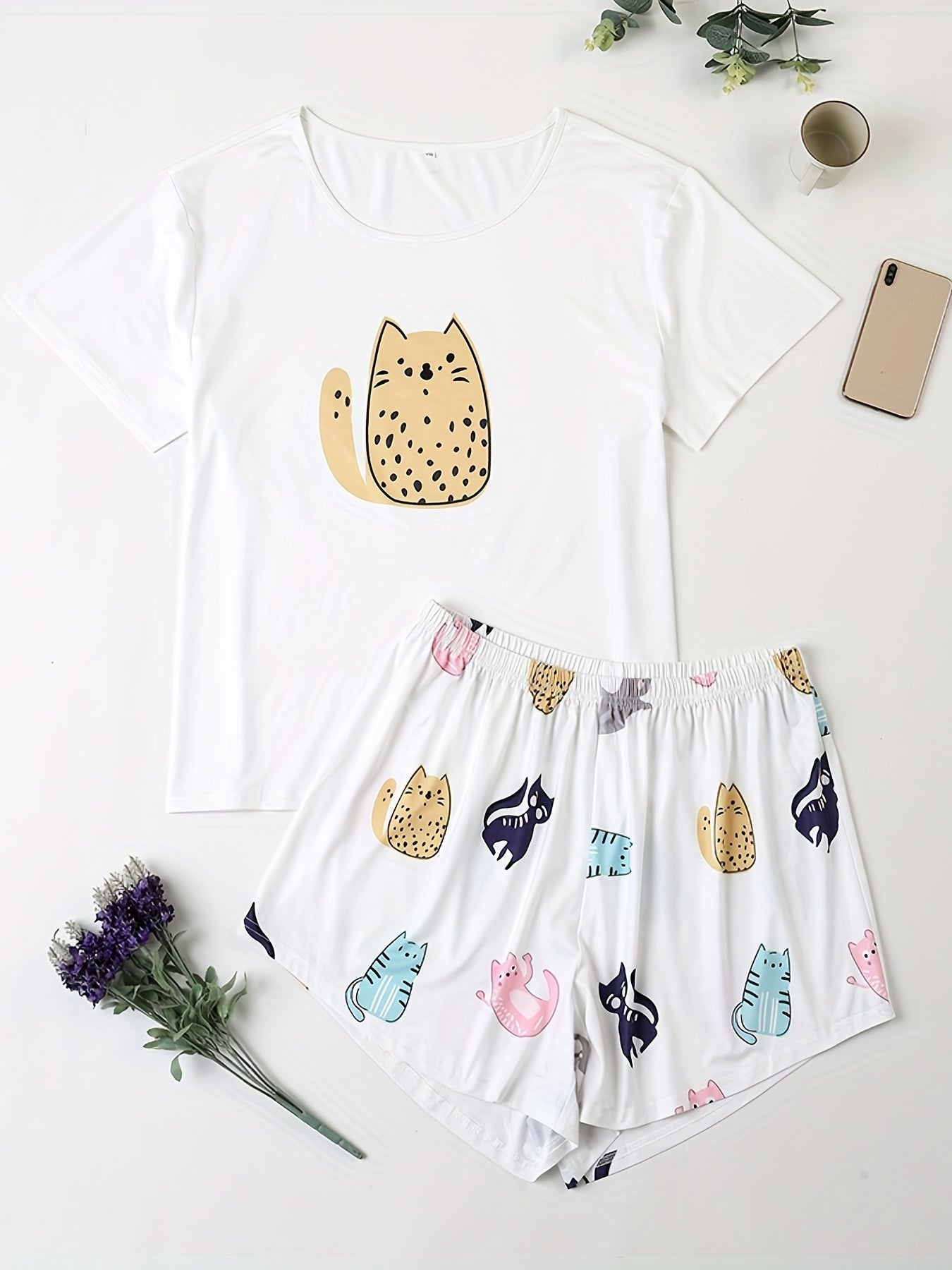 Plus Size Cat Print Pajamas Set Women's Short Sleeve Shirt & Shorts