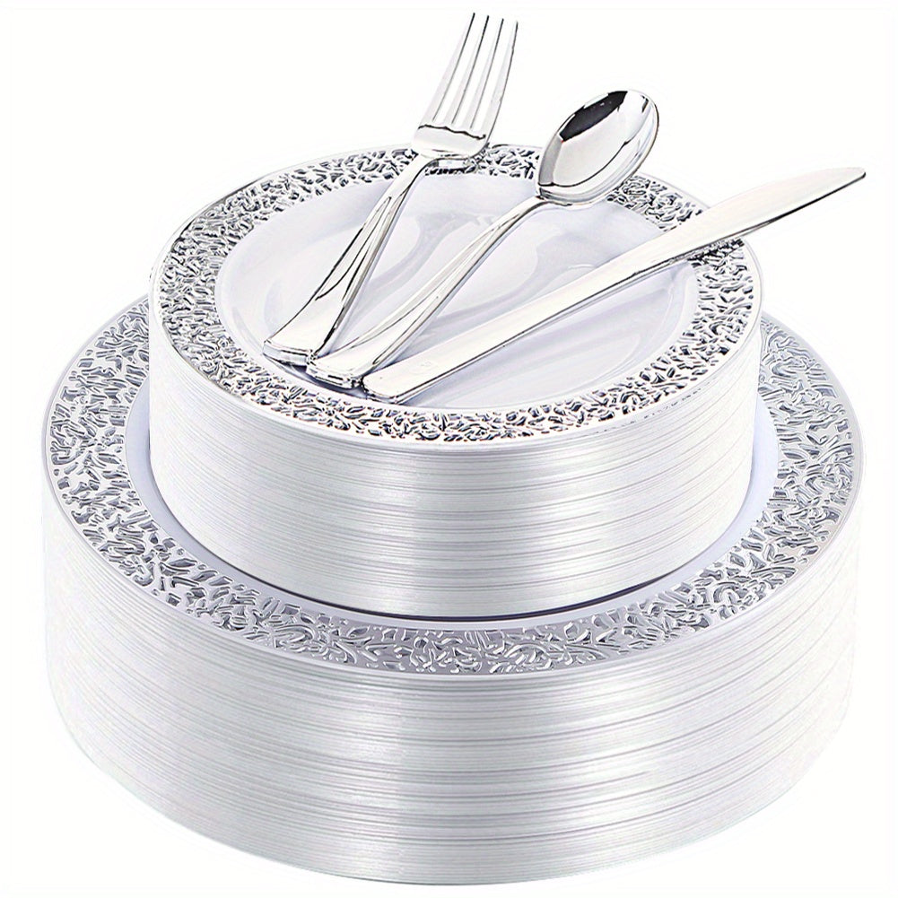 40-Piece Plastic Dinnerware Set with Silver Finish for Parties & Holidays