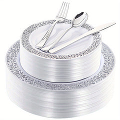 40-Piece Plastic Dinnerware Set with Silver Finish for Parties & Holidays