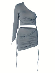 One Shoulder Crop Top & Ruched Skirt Set Sexy Two Piece Outfit