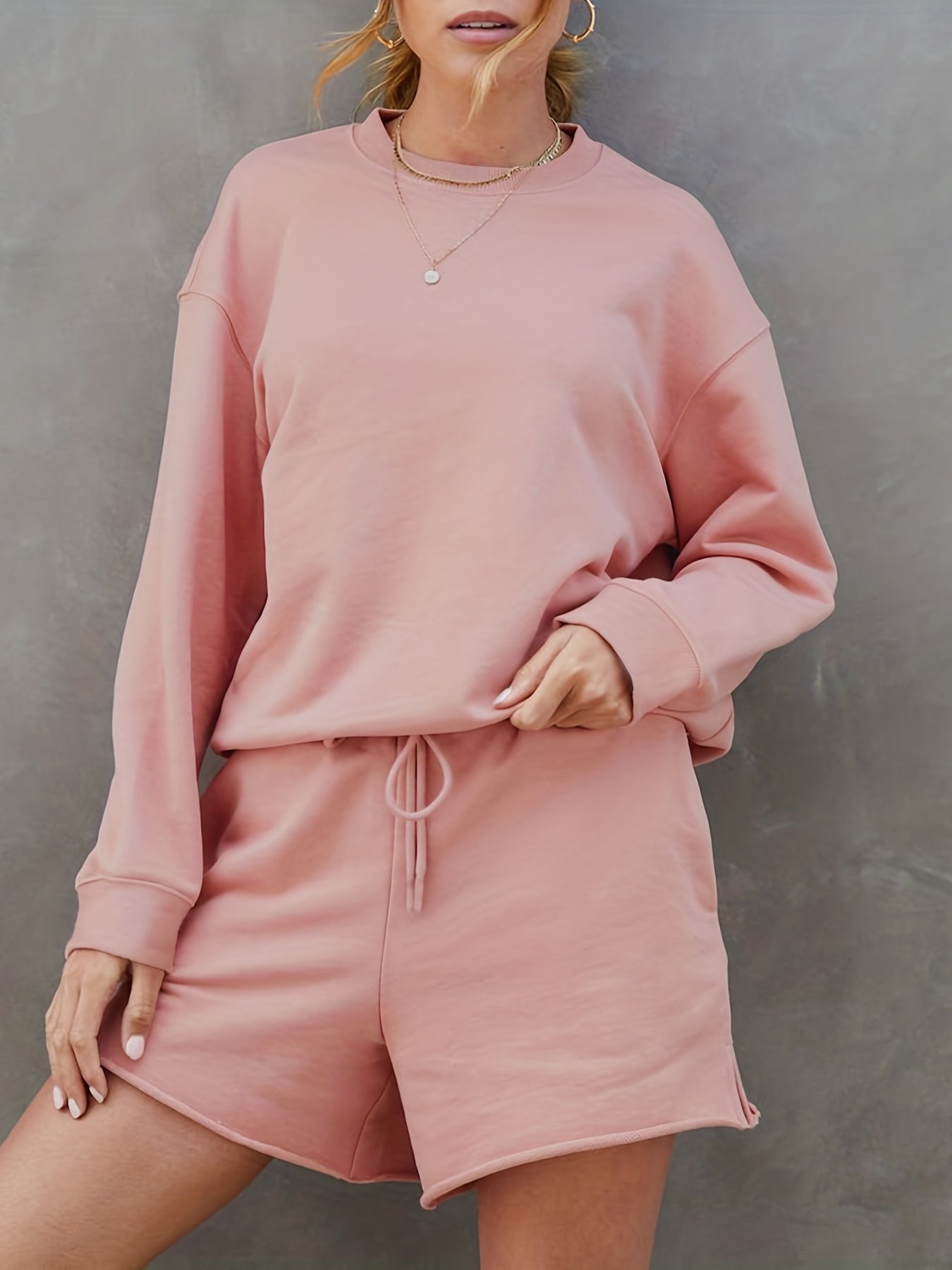 Casual Two Piece Set Long Sleeve Sweatshirt & Shorts Outfits