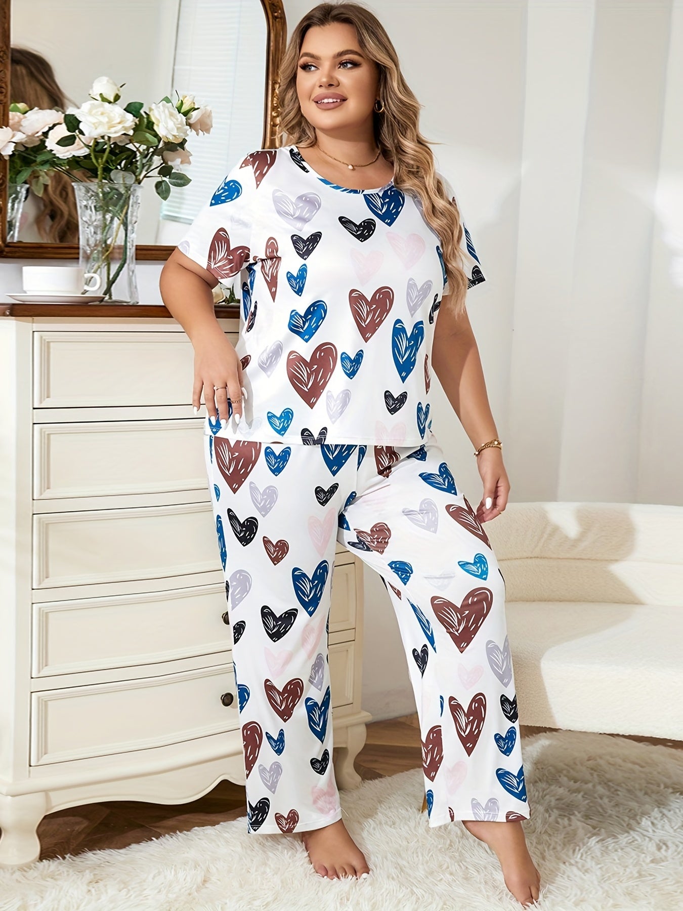 Heart Print Two Piece Loungewear Set
