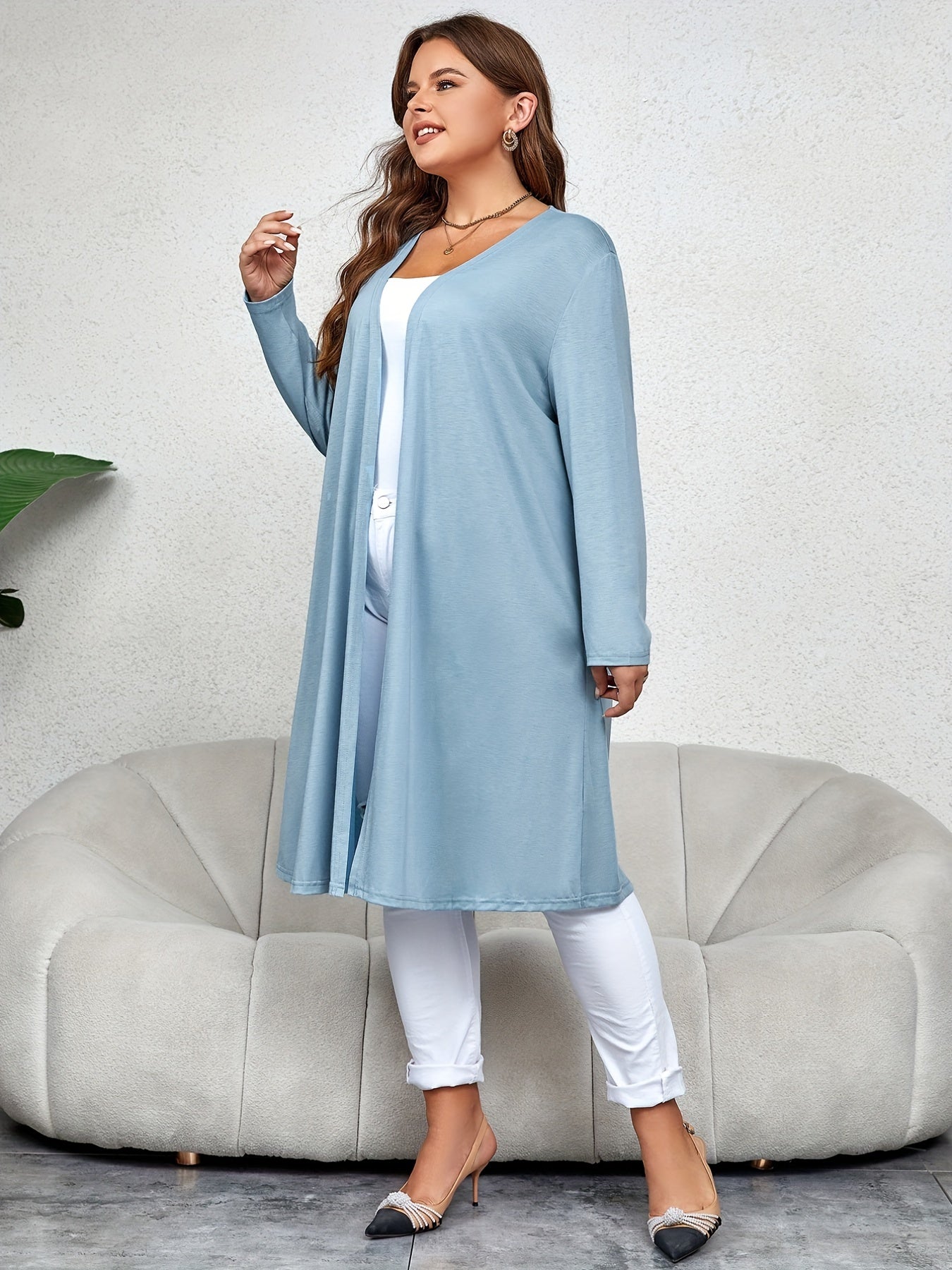 Solid Open Front Long Sleeve Cardigan