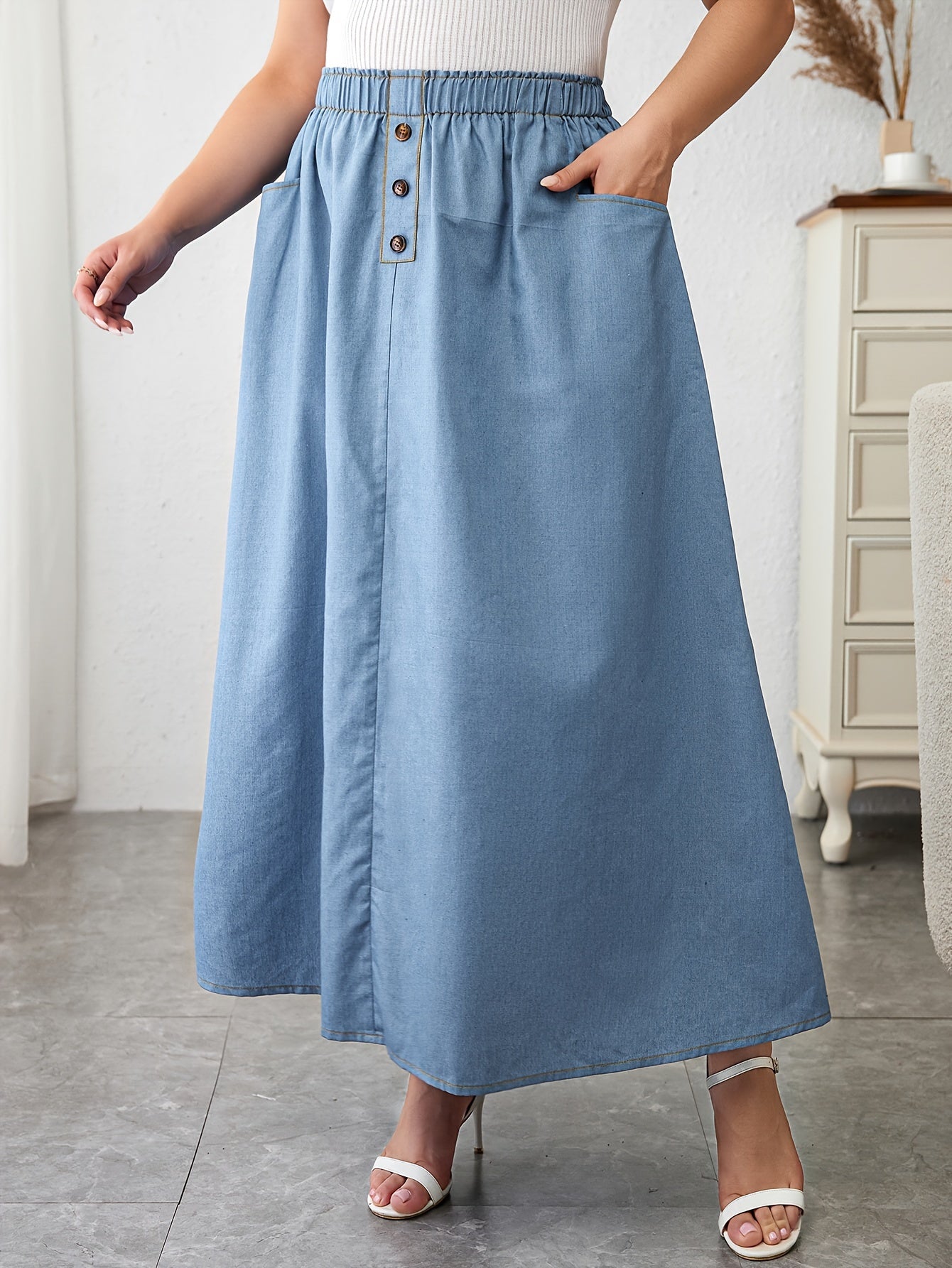 Boho Denim Skirt High Rise Maxi Denim Skirt With Pockets