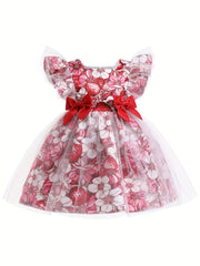 Toddler Girls Ruffle Trim Flowers And Butterfly Graphic Bow Princess Dress