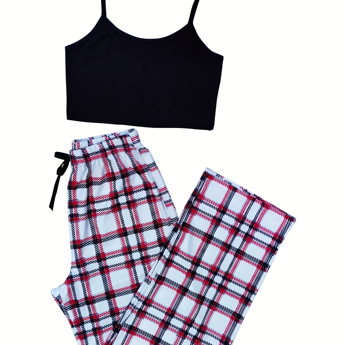 Casual Spaghetti Strap Top & Plaid Print Pants Outfit