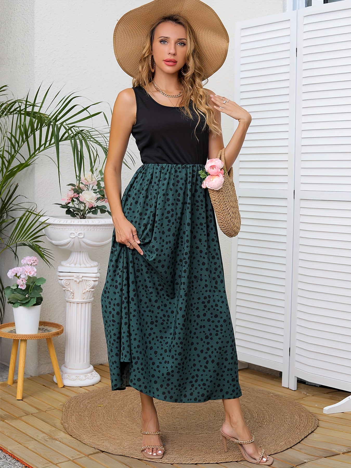 Leopard Print Crew Neck Tank Dress Sleeveless Boho Dress