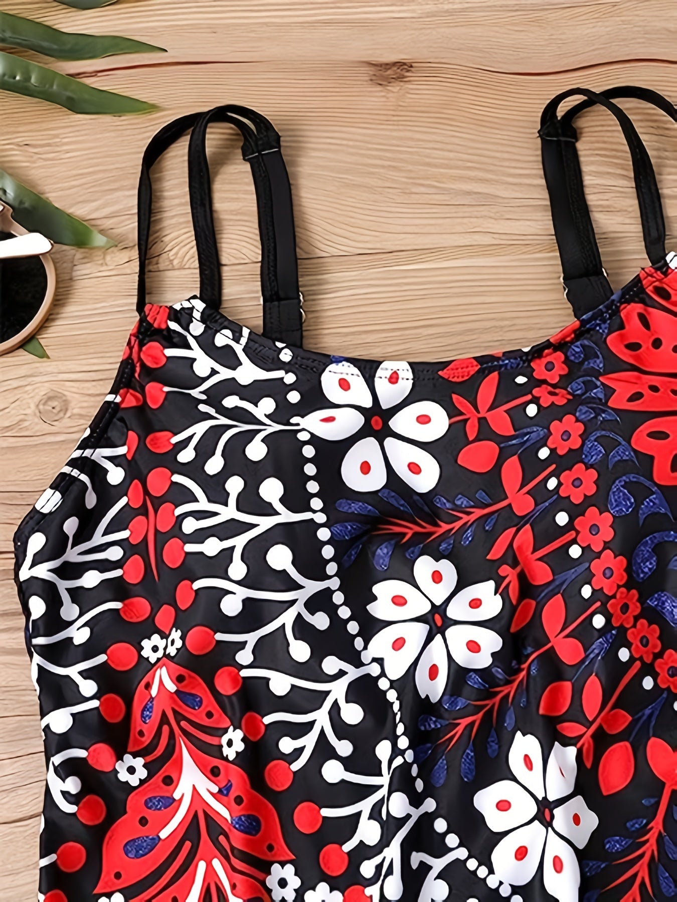 Floral Print Tankini Set Round Neck Cami Top & Boyshorts Swimsuit