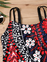 Floral Print Tankini Set Round Neck Cami Top & Boyshorts Swimsuit