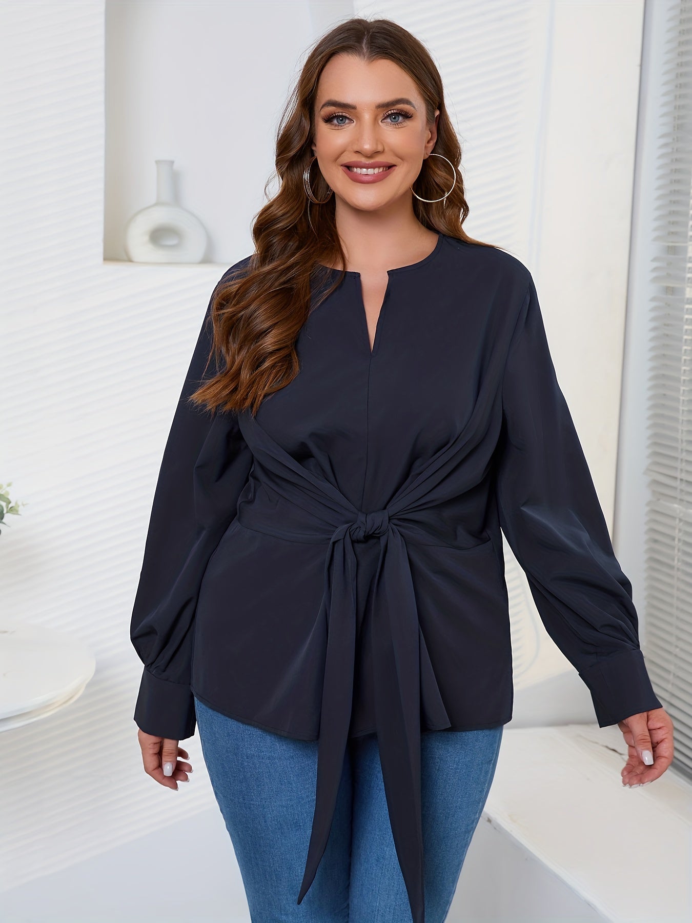 Casual Blouse Women's Solid Knot Front Shirt Top
