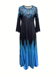 Baroque & Ombre Print Bell Sleeve Maxi Dress