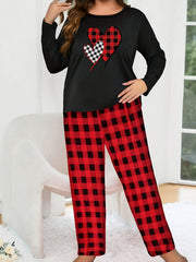 Heart Print Pajama Set Long Sleeve Top & Plaid Pant