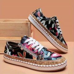Floral Print Flat Sneakers Low Top Shoes Lace Zipper Casual Walking Shoes