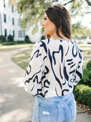 Casual Blouse Women's Plus Graffiti Print Lantern Sleeve Top