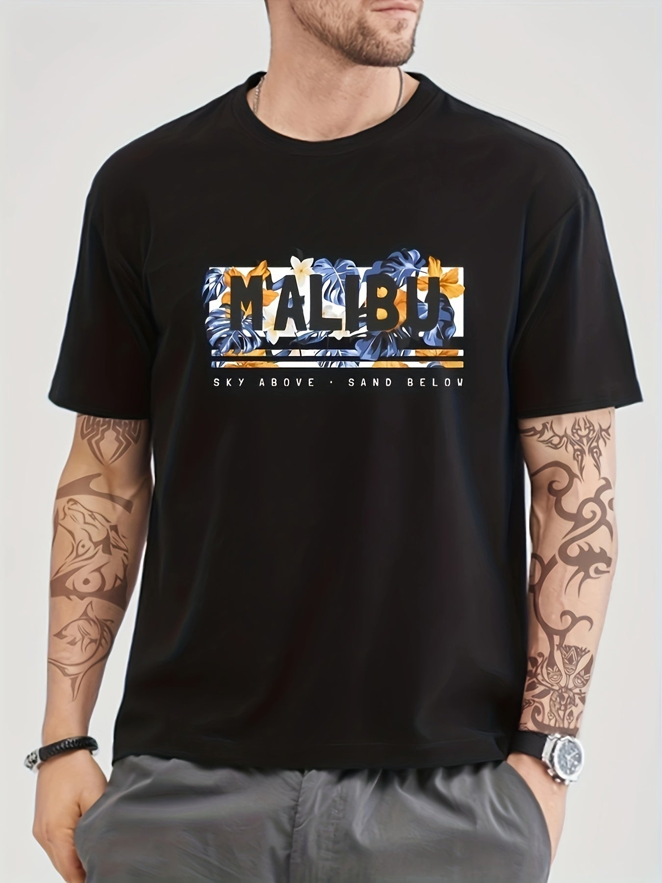 Solid Cotton Tropical Pattern Print Men's Graphic Crew Neck T shirt