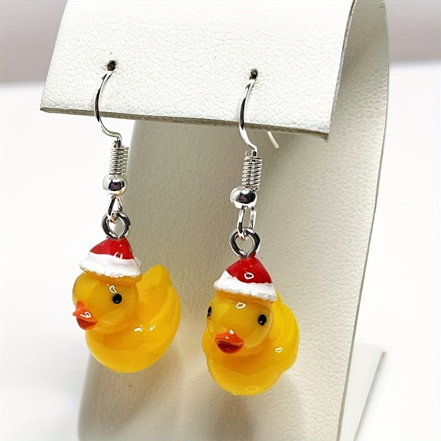 1pair Christmas Hat 3D Yellow Duck Earrings Resin DIY Jewelry Gift