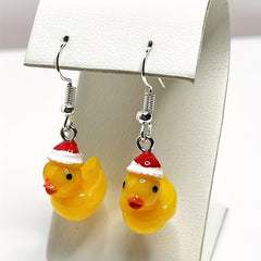 1pair Christmas Hat 3D Yellow Duck Earrings Resin DIY Jewelry Gift
