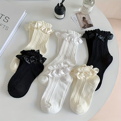 5 Pairs Ruffle Solid Socks Comfy Women's Stockings