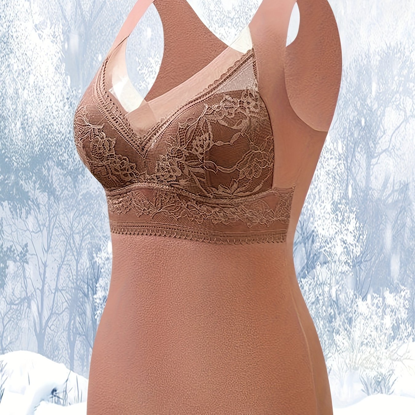 Contrast Lace Thermal Underwear V Neck Top