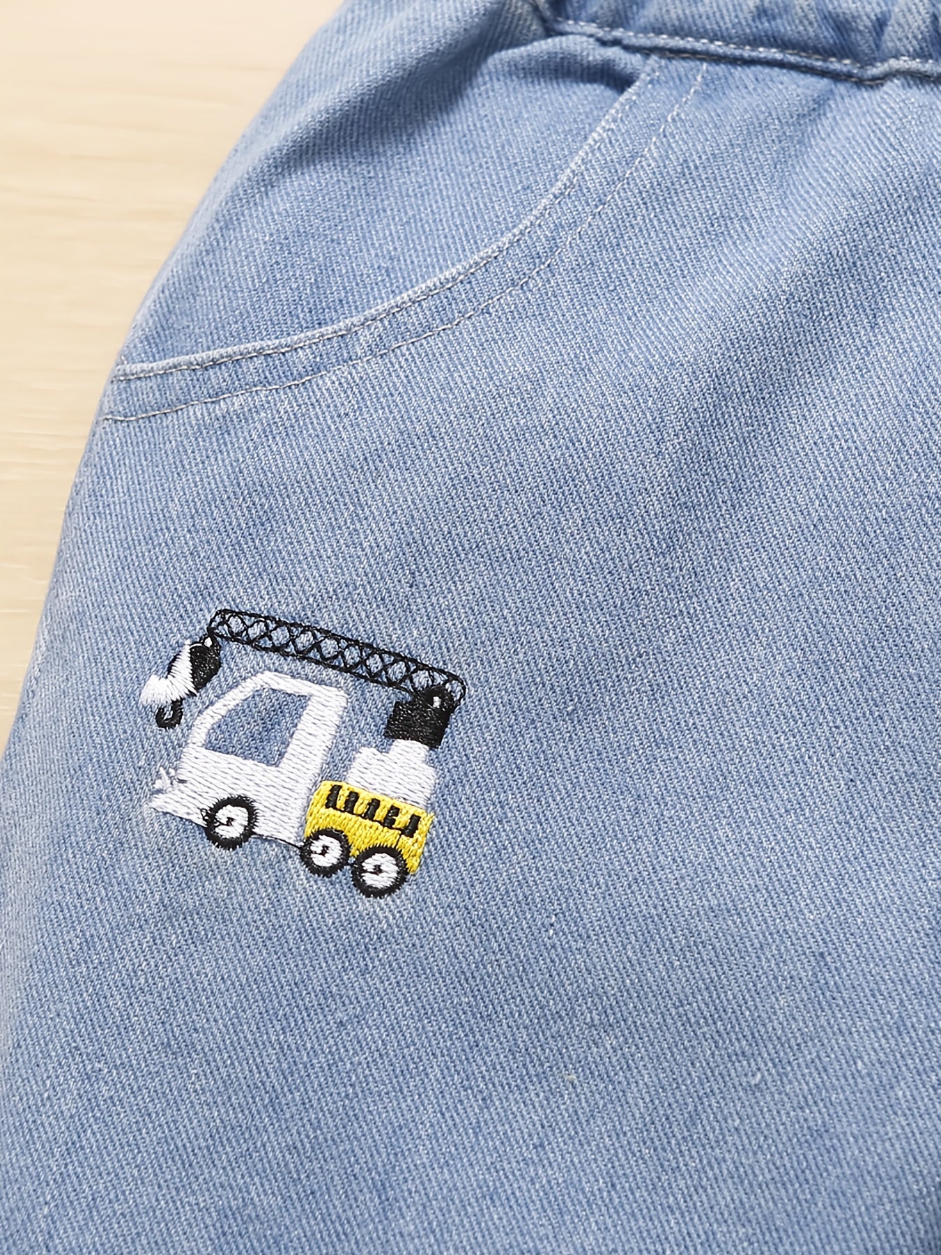 Boys Cartoon Excavator Embroidered Denim Long Pants